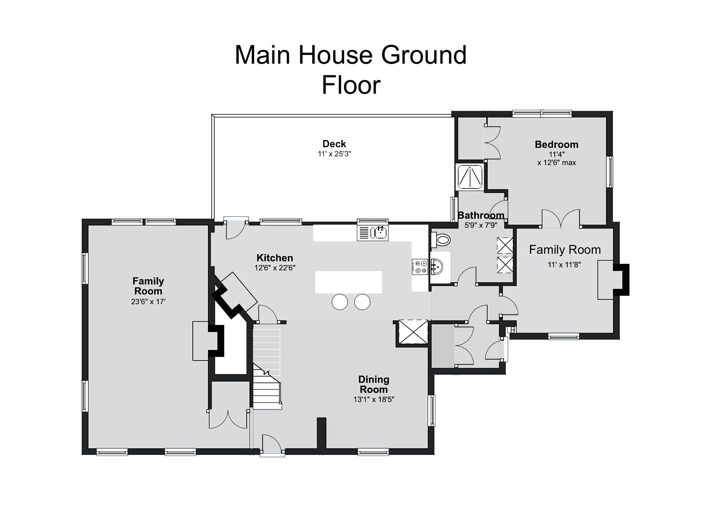A floor plan of a main house with a family room, kitchen, dining room, bathroom, bedroom, and deck.