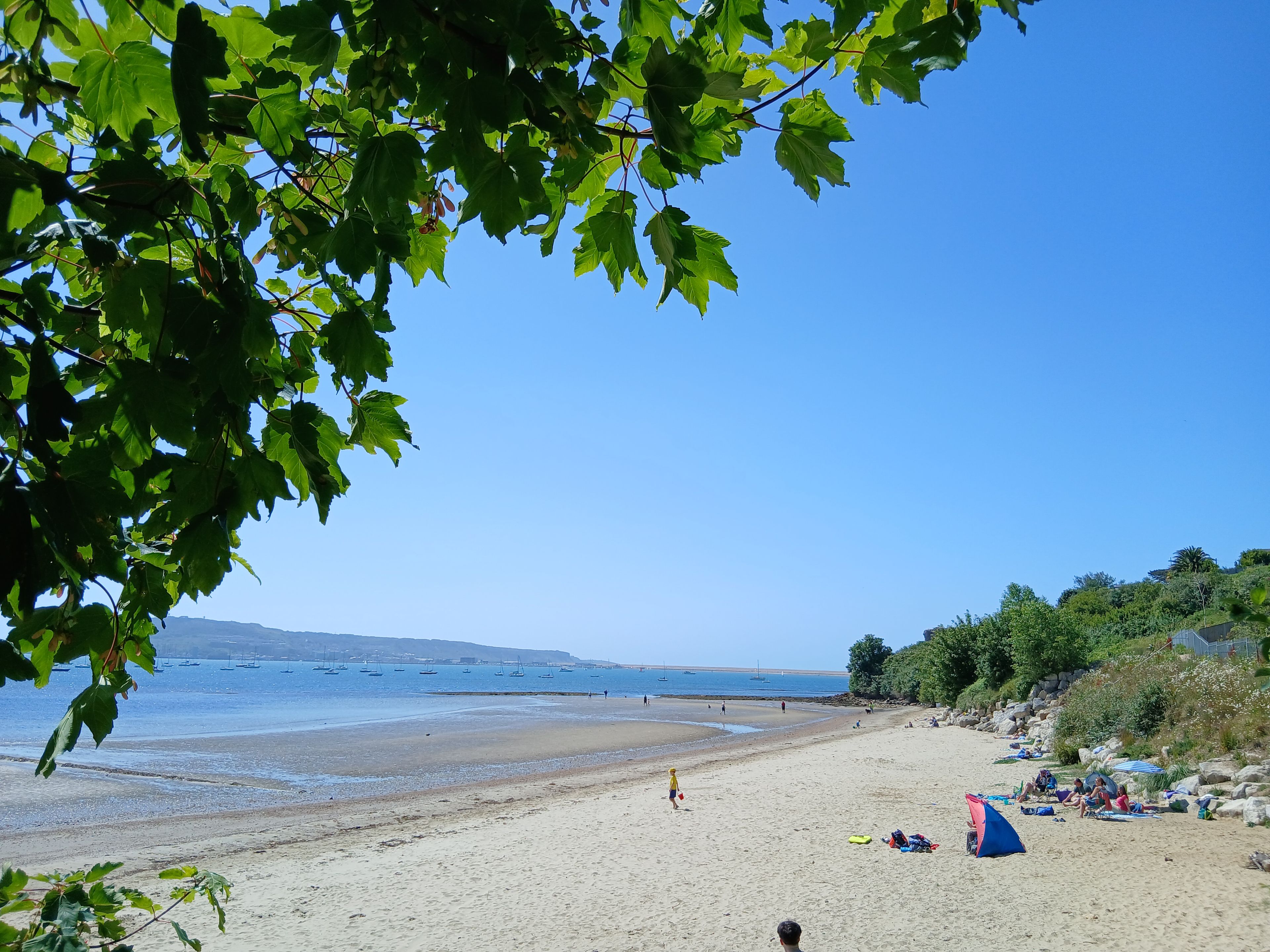 A beach with clear skies, a sandy shore, and boats in the water.