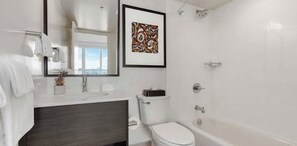 Hair dryer, towels, soap, toilet paper