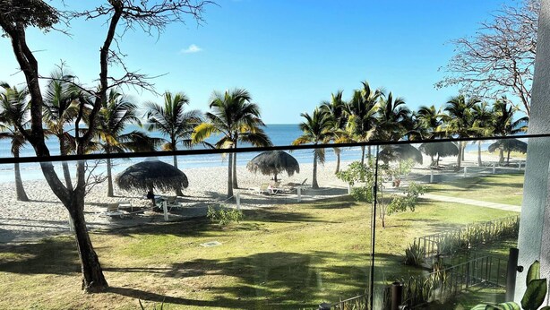 A view of a beach with palm trees, a thatched-roof structure, and lounge chairs. - Playa Caracol, a Happy Beach (Punta Chame)