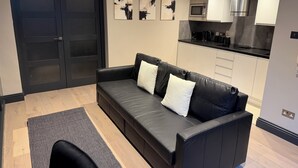 Una sala de estar moderna con un sofá de cuero negro, un tapete gris y una puerta negra.