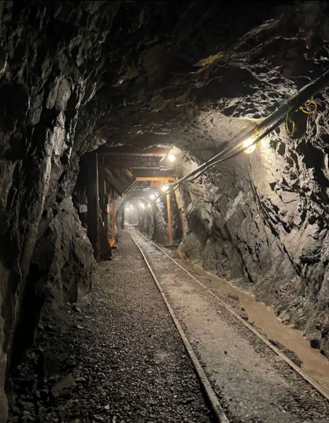 Um túnel pouco iluminado com uma linha férrea passando pelo centro.