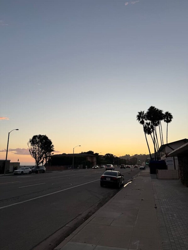 A street view at dusk with cars parked on the side, a sidewalk, and palm trees in the background.