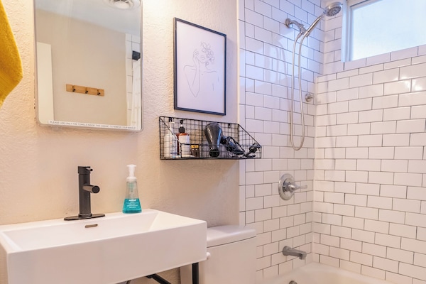 Hair dryer, towels, soap, shampoo