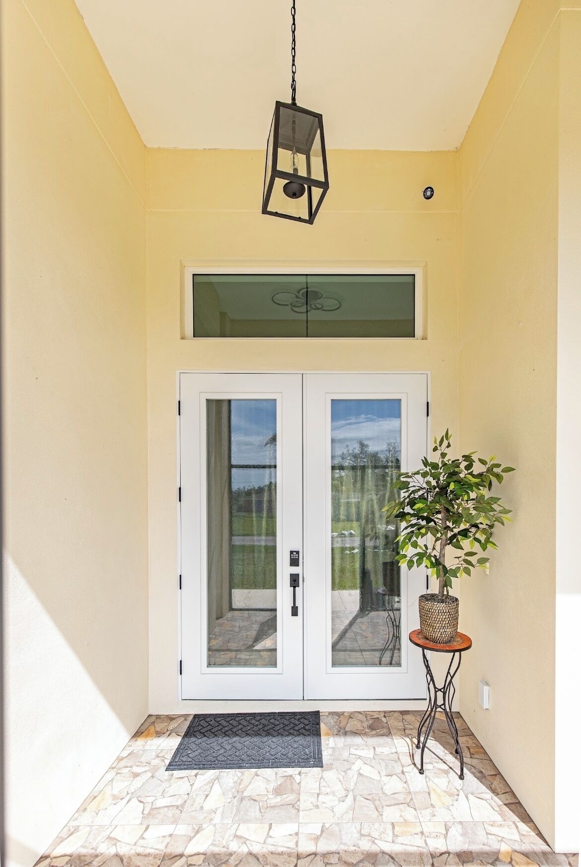 Ingresso principale con porta in vetro, una pianta in vaso e un lampadario.