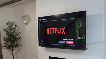 A living room with a mounted TV displaying a Netflix interface, a fireplace below, a potted plant, and a wicker basket.