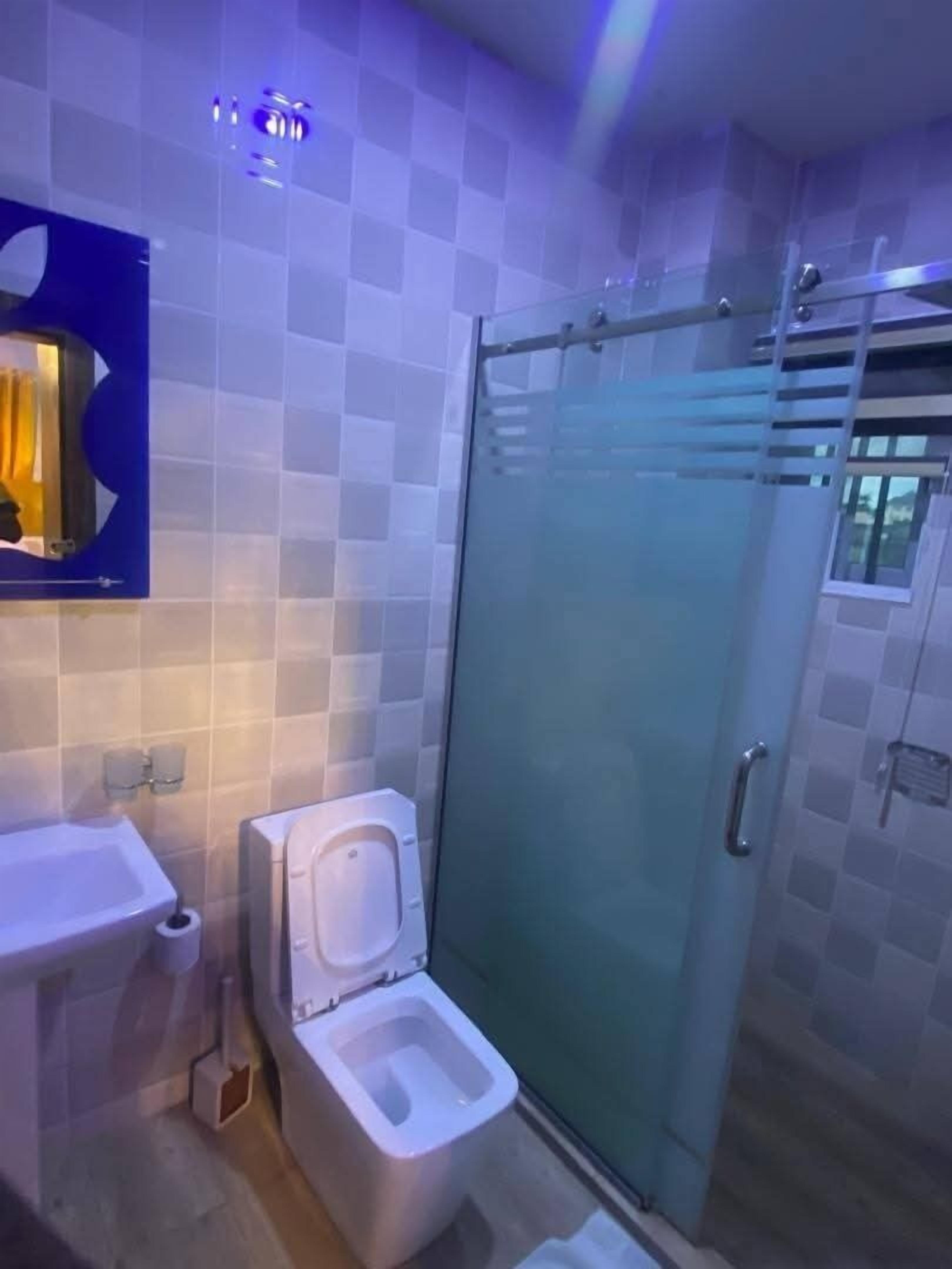 A bathroom with a toilet, sink, and glass shower enclosure.