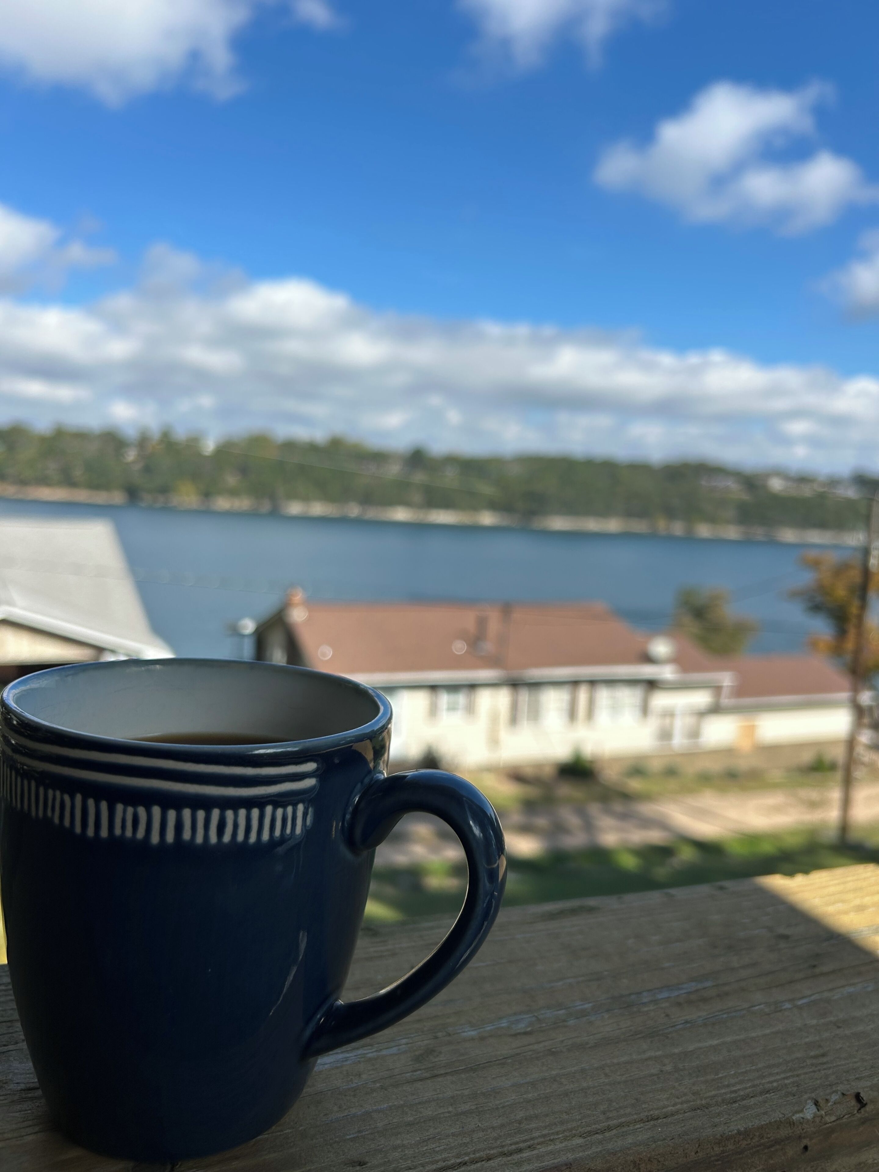 A blue mug on a wooden surface with a view of a lake and buildings in the background.