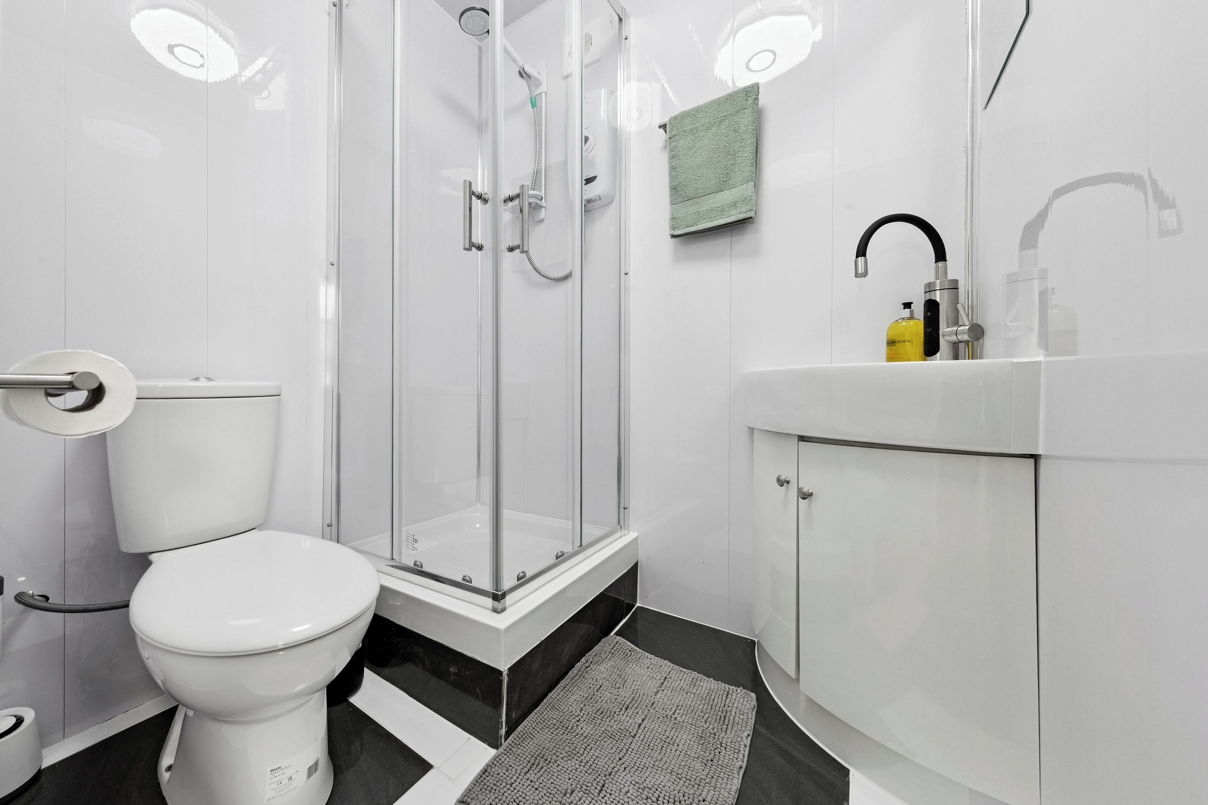 Hair dryer, towels, soap, shampoo