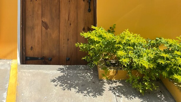 A wooden door with a metal handle and lock, set in a yellow wall. - Hotel Cool Breeze (El Cuco)