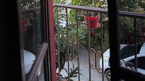 Un balcón con plantas en macetas y vistas a edificios y una montaña.