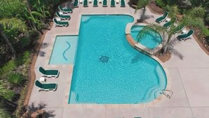 Ein großer rechteckiger Pool mit gewölbter Kante, umgeben von Liegestühlen und Palmen.