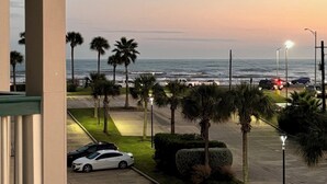 Ein Parkplatz mit Blick auf den Ozean und Palmen.