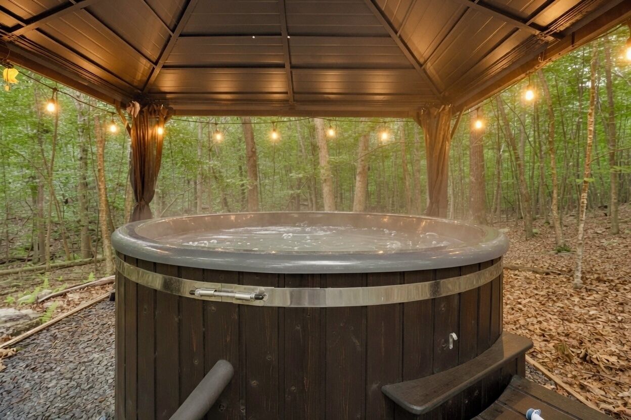 Un jacuzzi en zona boscosa con terraza de madera y luces colgantes.