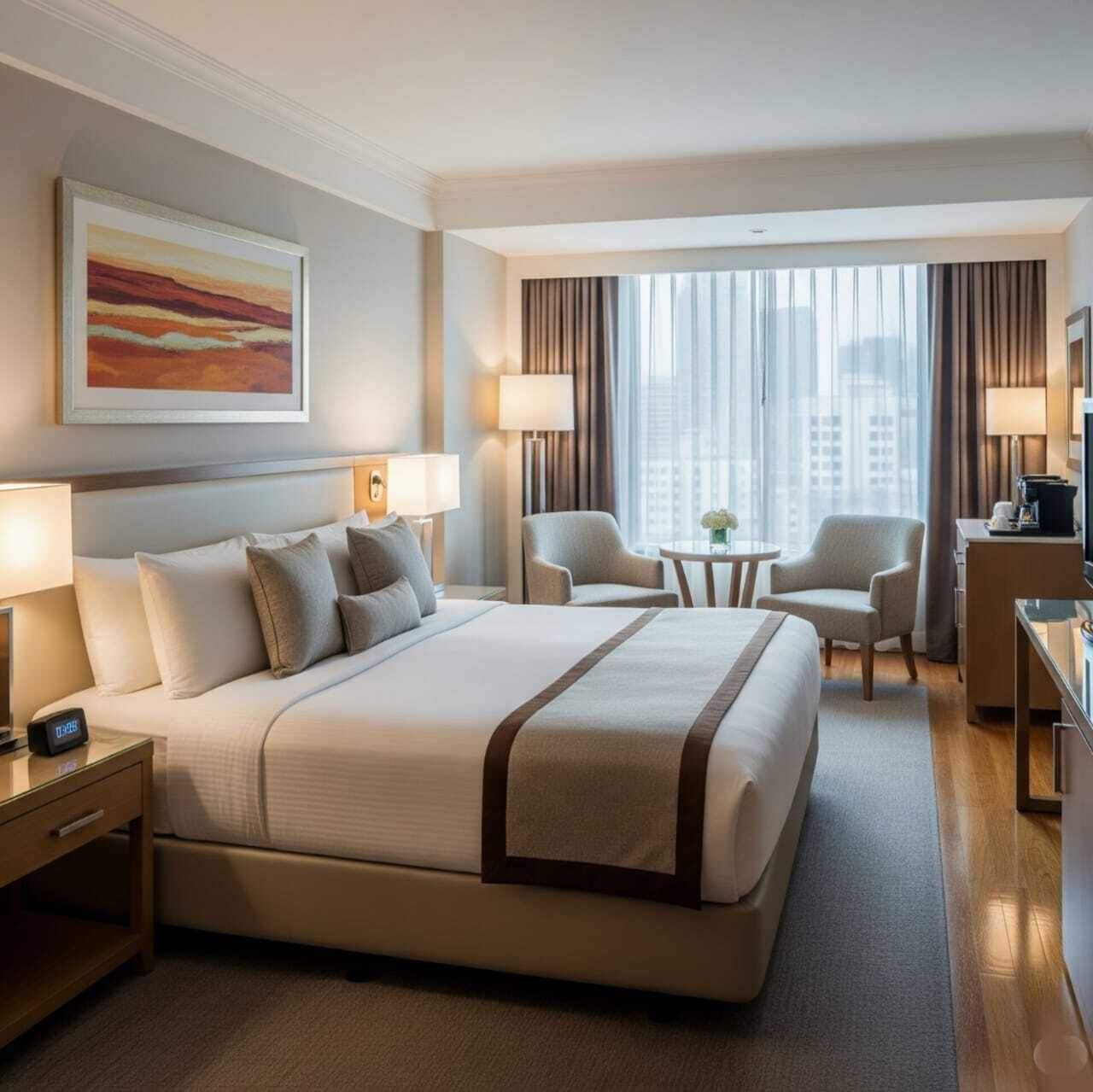 Premium bedding, desk, laptop workspace, free WiFi