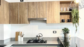 Frigorífico, microondas, horno y placa de cocina