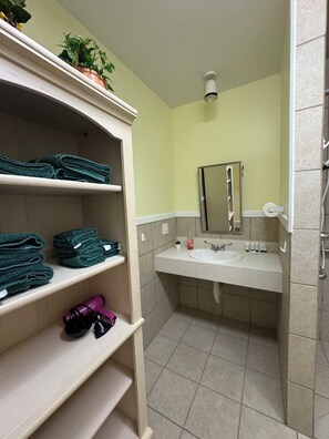 Dusch, hårtork, handdukar och tvål