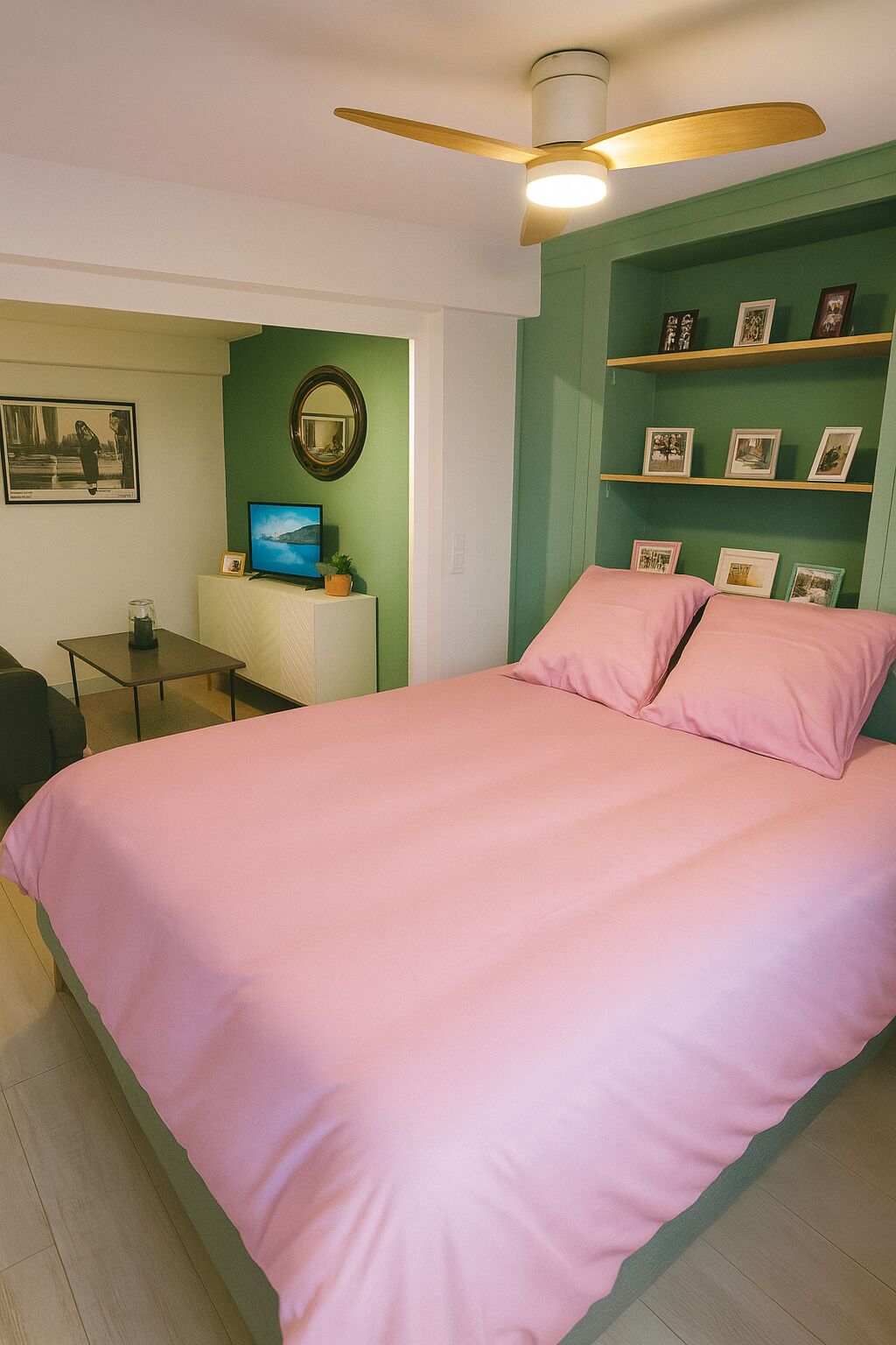 Una camera da letto con un letto, una scrivania, una sedia, una ventola a soffitto, uno specchio e uno scaffale con fotografie.
