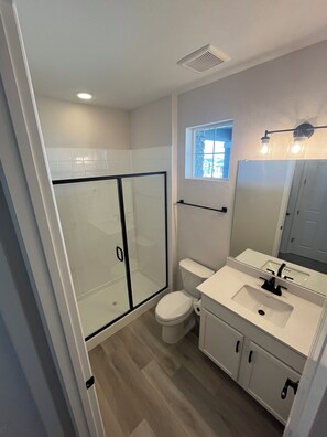 Hair dryer, towels, soap, toilet paper