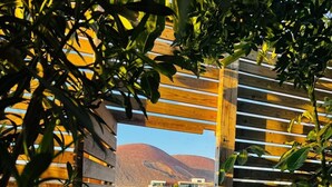 A wooden pergola entrance with a gravel path leading to a road.