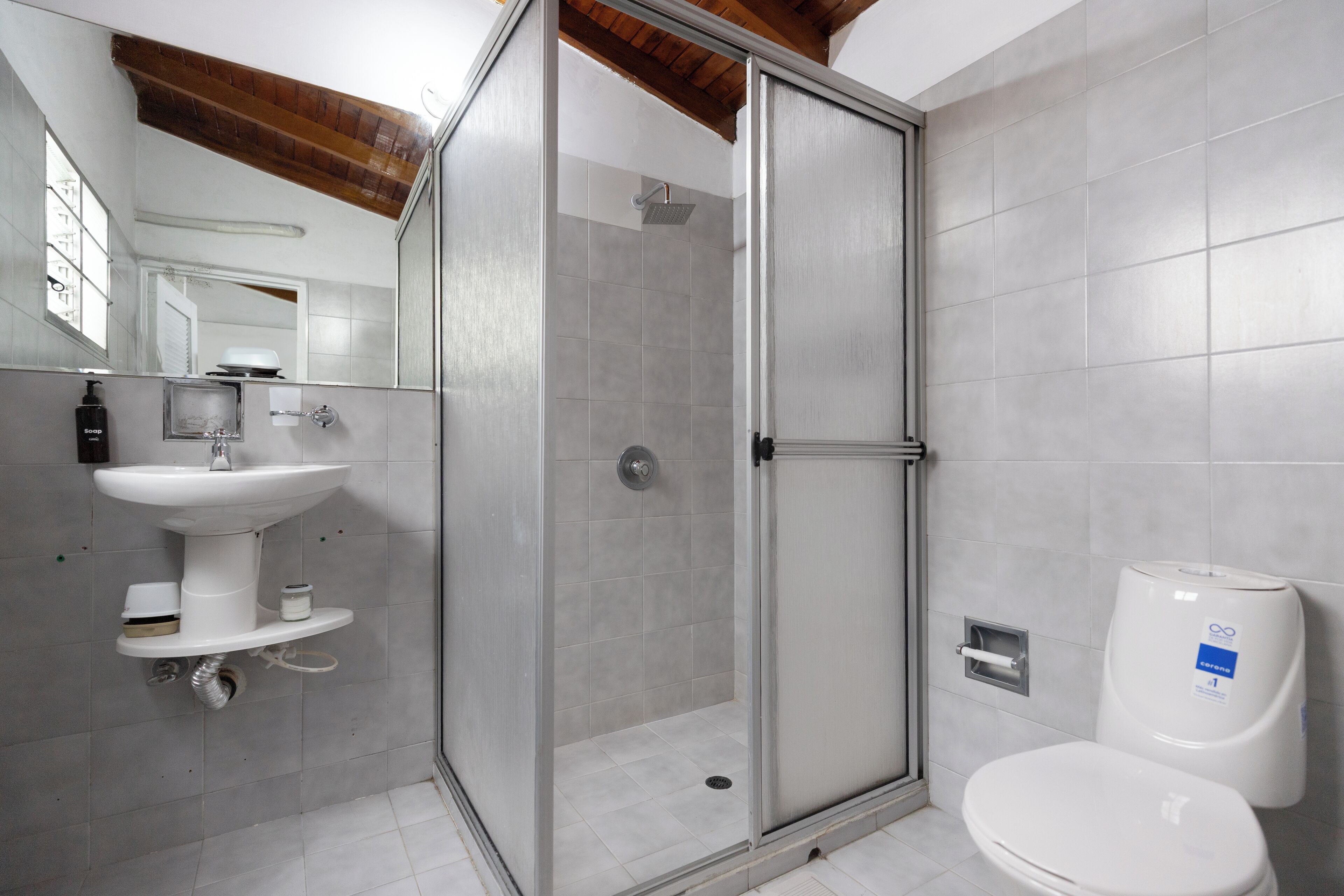 Hair dryer, bidet, towels, soap