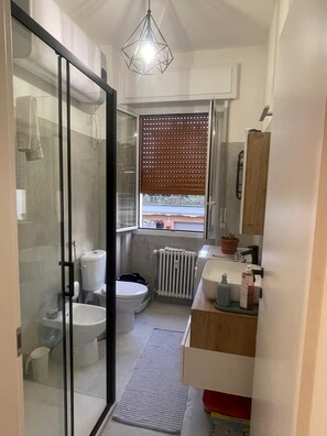 Regadera, secadora de cabello, bidet, toallas 