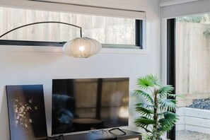 Une pièce équipée d’un téléviseur à écran plat, d’une plante en pot et d’un luminaire suspendu.