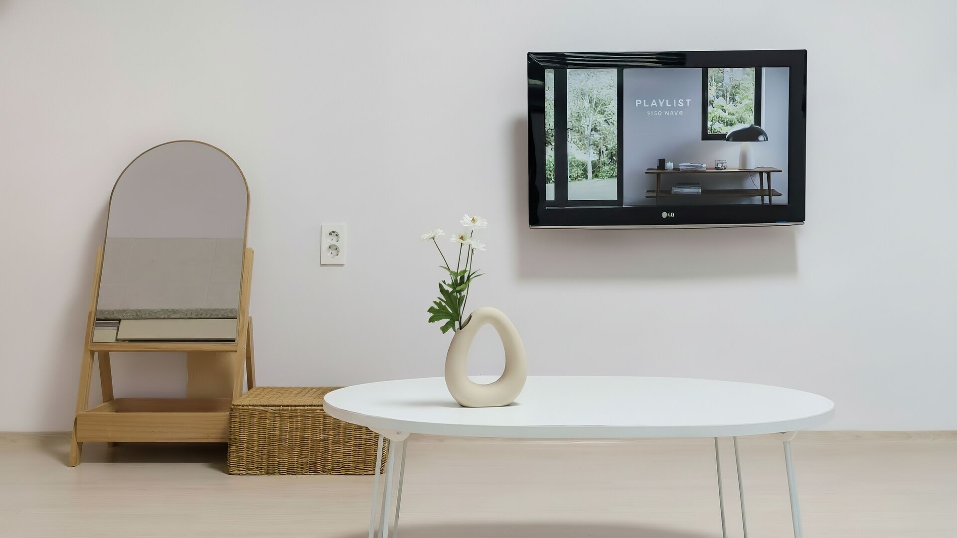 Una habitación minimalista con una mesa redonda, un televisor de pared, un espejo y una cesta de mimbre.