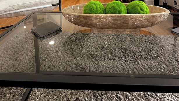 Un salon moderne avec un canapé, une table basse en verre, un bol en pierre contenant des boules vertes, un téléviseur à écran plat et un chat.