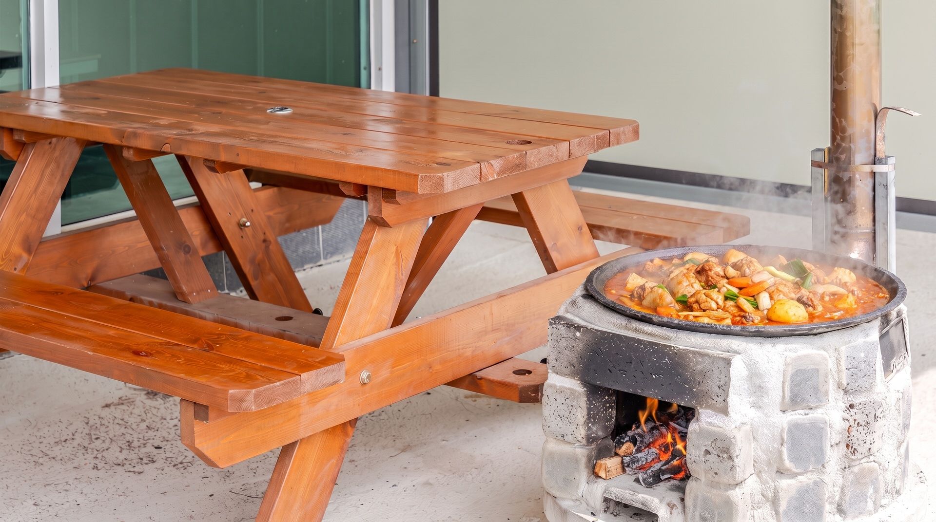 A wooden picnic table with a stone cooking stove beside it.
