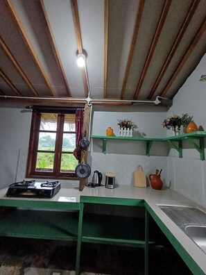 Rumah Comfort, patio, pemandangan kebun | Dapur kecil pribadi | Peralatan masak/sendok-piring