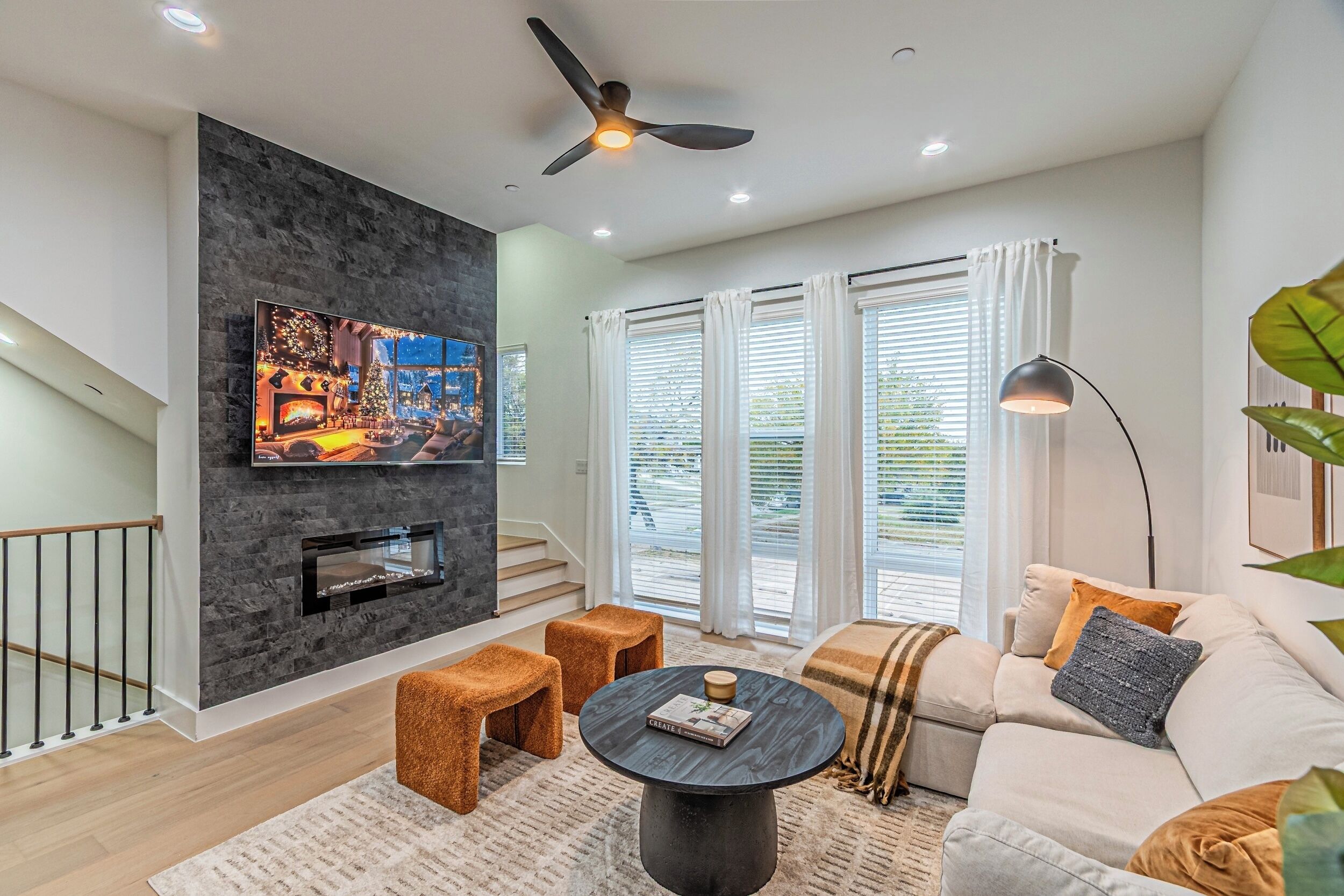 Smart TV, fireplace, video games, table football