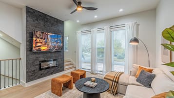 Smart TV, fireplace, video games, table football