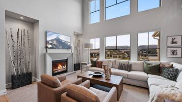 Smart TV, fireplace, books, offices