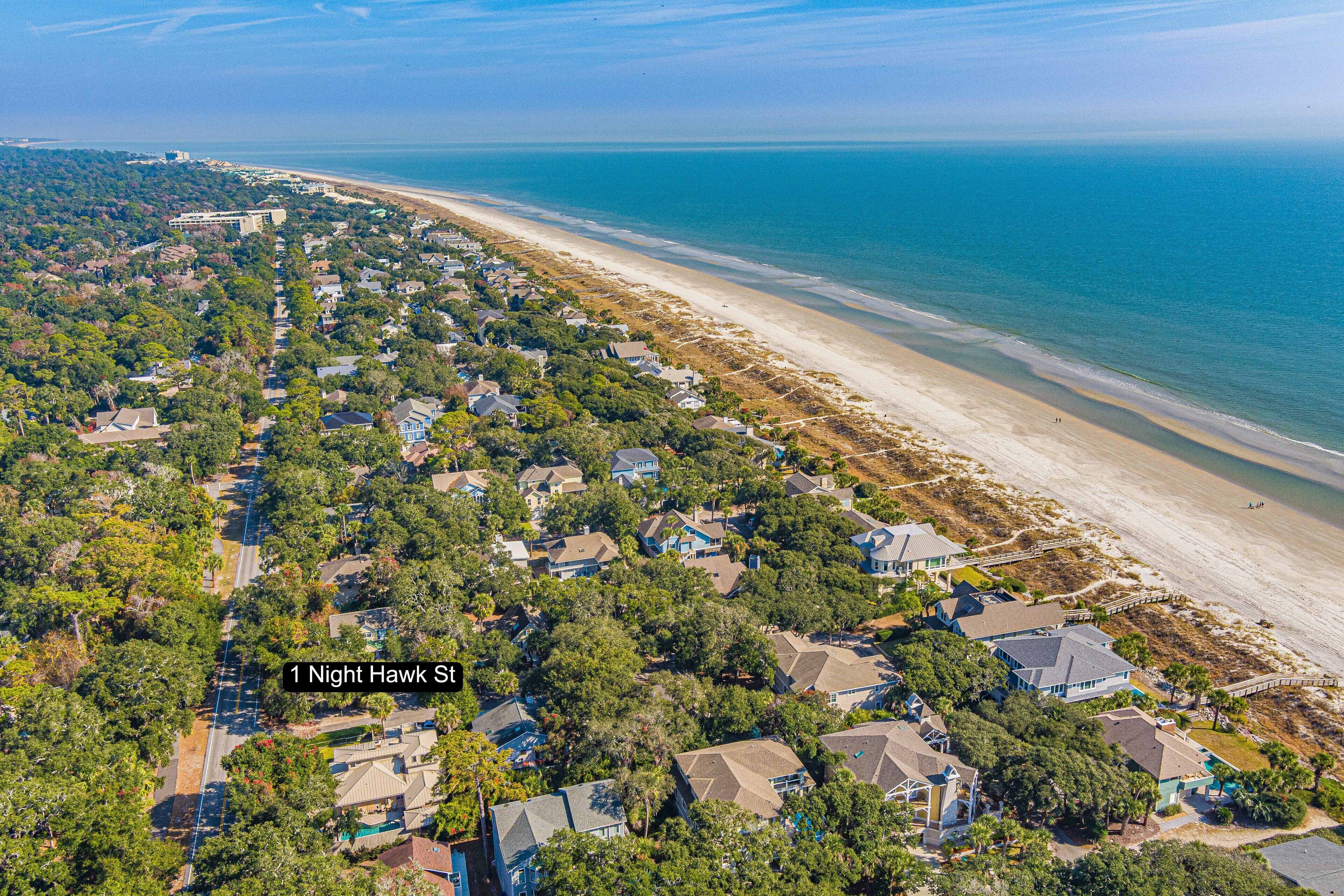 An aerial view of a coastal residential area with houses along the beach, labeled "1 Night Hawk St."