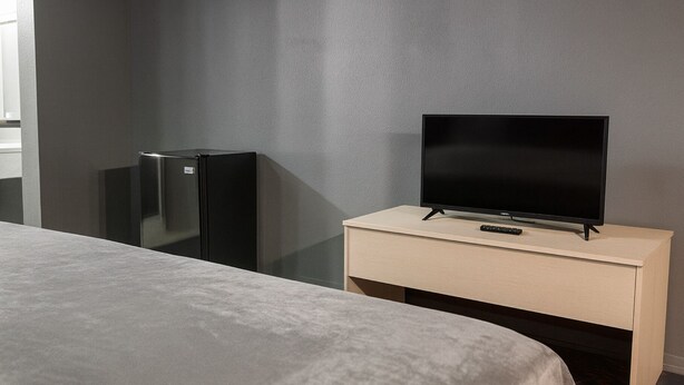 Une chambre à coucher avec un lit, un téléviseur posé sur une table de chevet et un réfrigérateur.