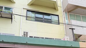 Un edificio con toldo verde, puerta de cristal y una planta en maceta afuera.