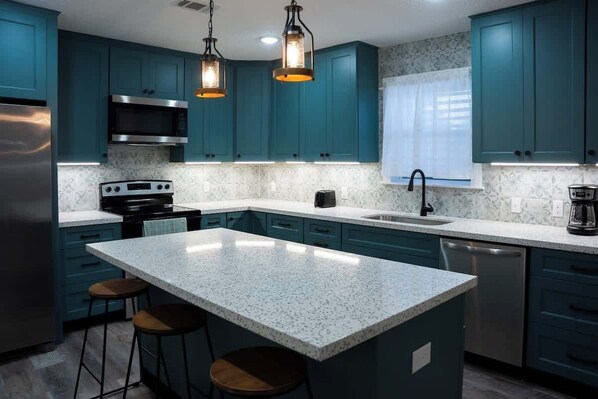 Fridge, microwave, oven, dishwasher