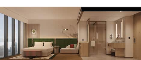 Une chambre d’hôtel moderne dotée d’un grand lit, d’un coin salon, d’une salle de bain avec un miroir et offrant une vue sur la ville.