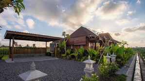 Uma casa de madeira tradicional com varanda coberta, rodeada por plantas tropicais e um caminho de cascalho.