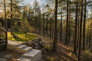Ein bewaldetes Gebiet mit einer Steintreppe, die zu einer Holzterrasse hinaufführt.