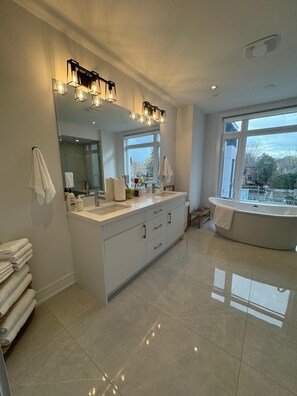 Hair dryer, towels, soap, toilet paper