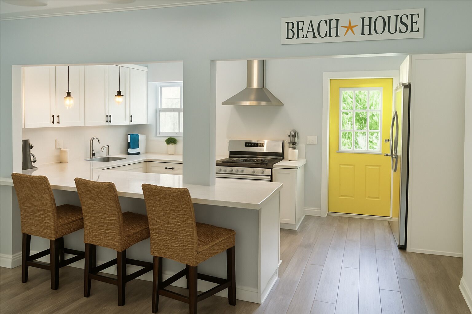 Een magnetron, een oven, een kookplaat, een vaatwasser