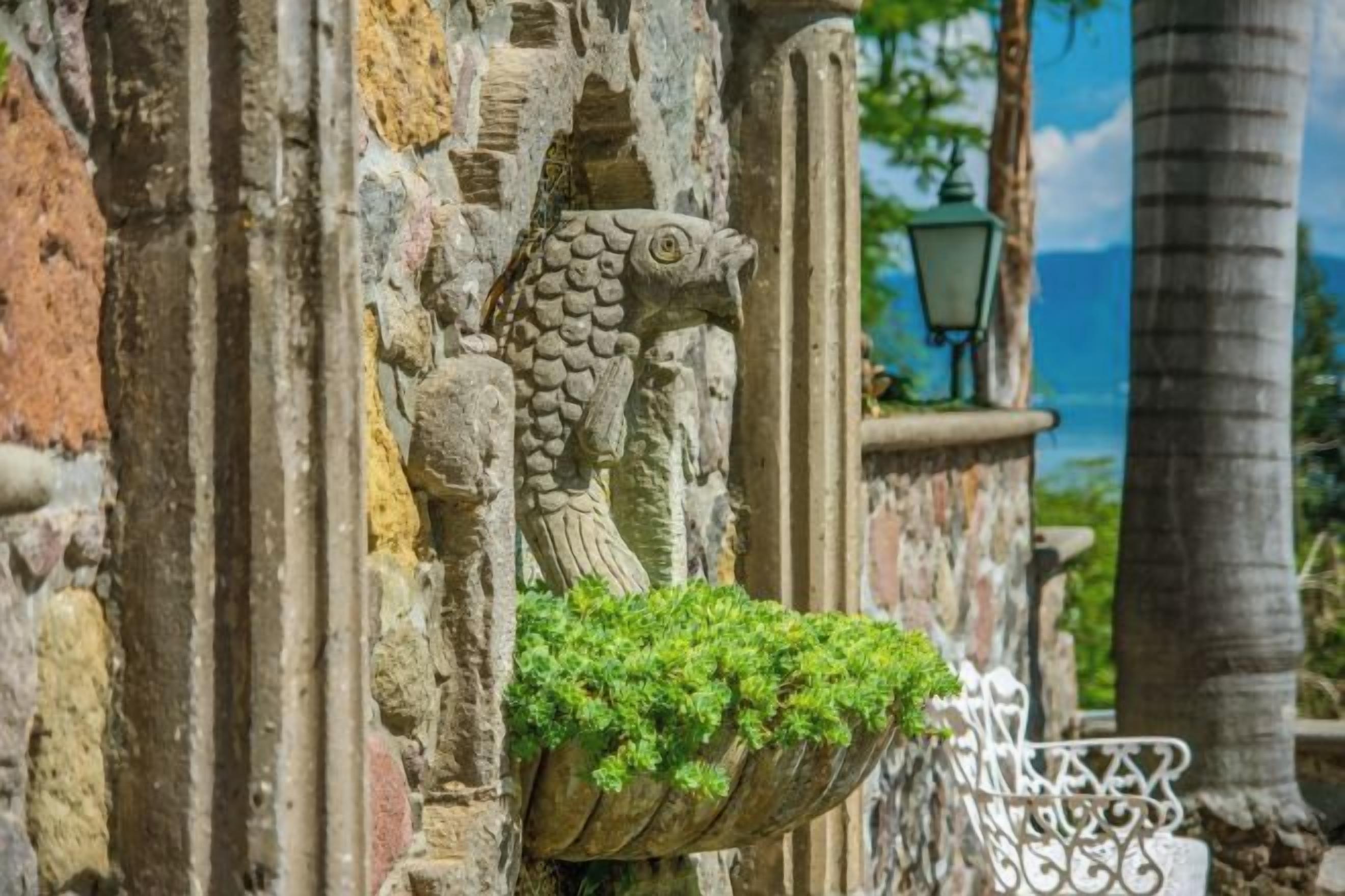 A stone wall with a fish carving and a planter with green plants.
