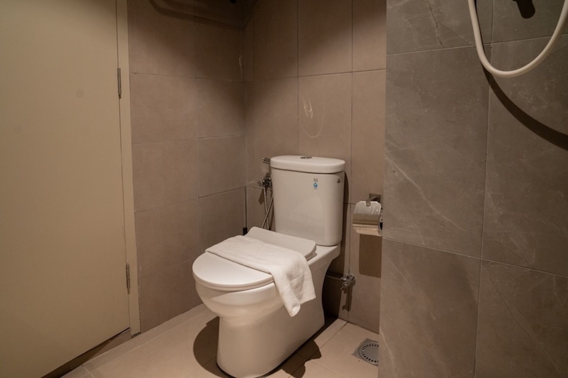 A small, modern bathroom with a toilet, a shower, and a towel rack.