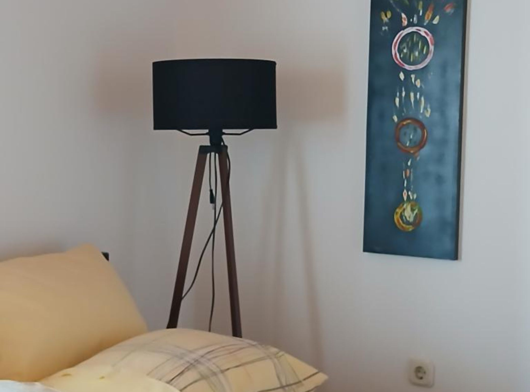 A room with a bed, a standing lamp, and a wall-mounted artwork.