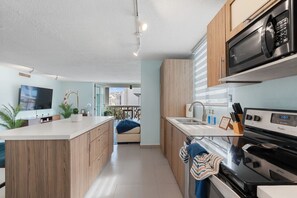 Fridge, microwave, oven, stovetop - Block to Beach, Modern 3BR w/AC, Patio, Parking (San Juan)