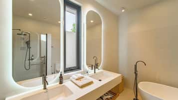 Rainfall showerhead, hair dryer, towels, soap