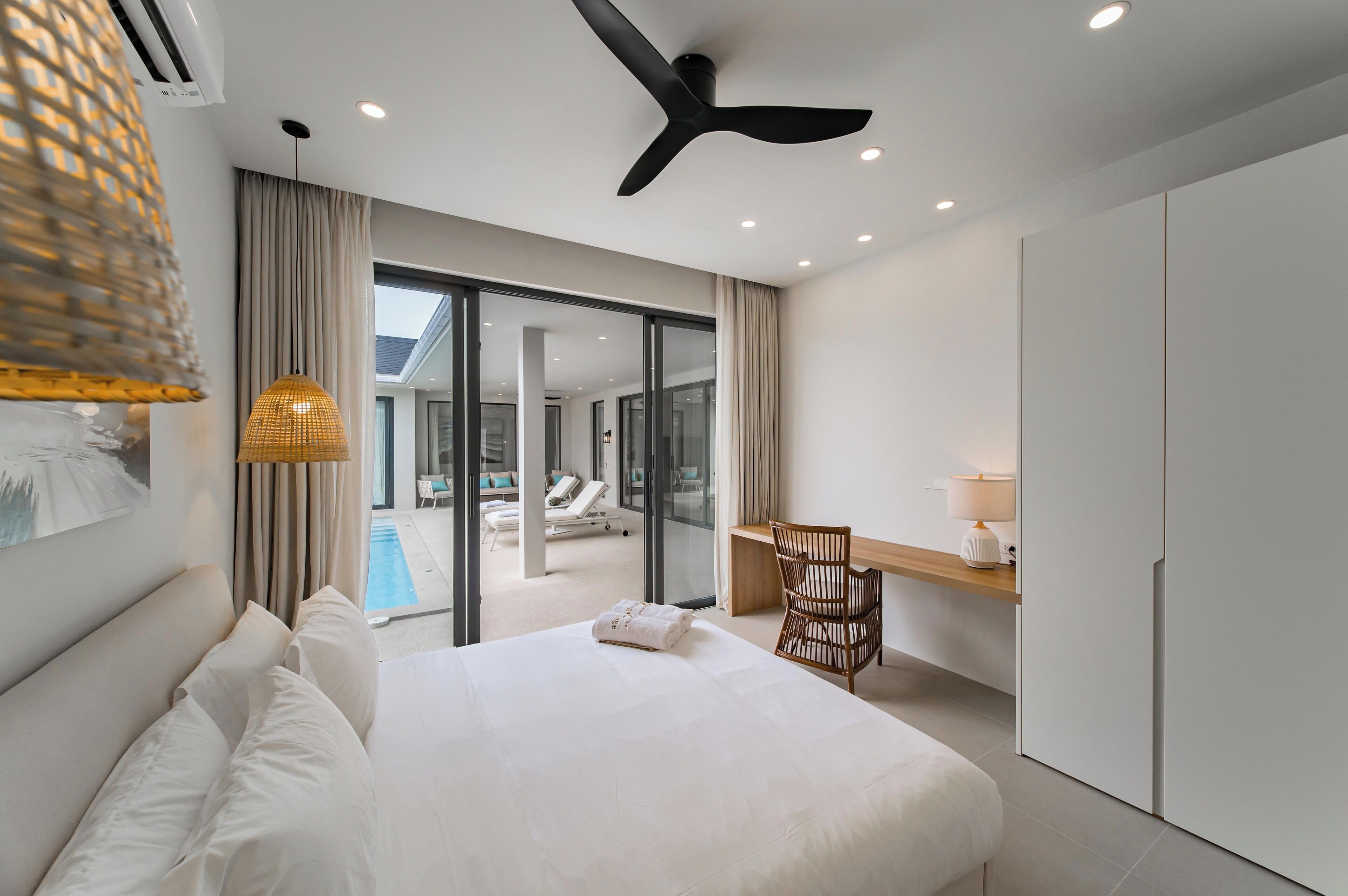 Desk, laptop workspace, blackout drapes, soundproofing