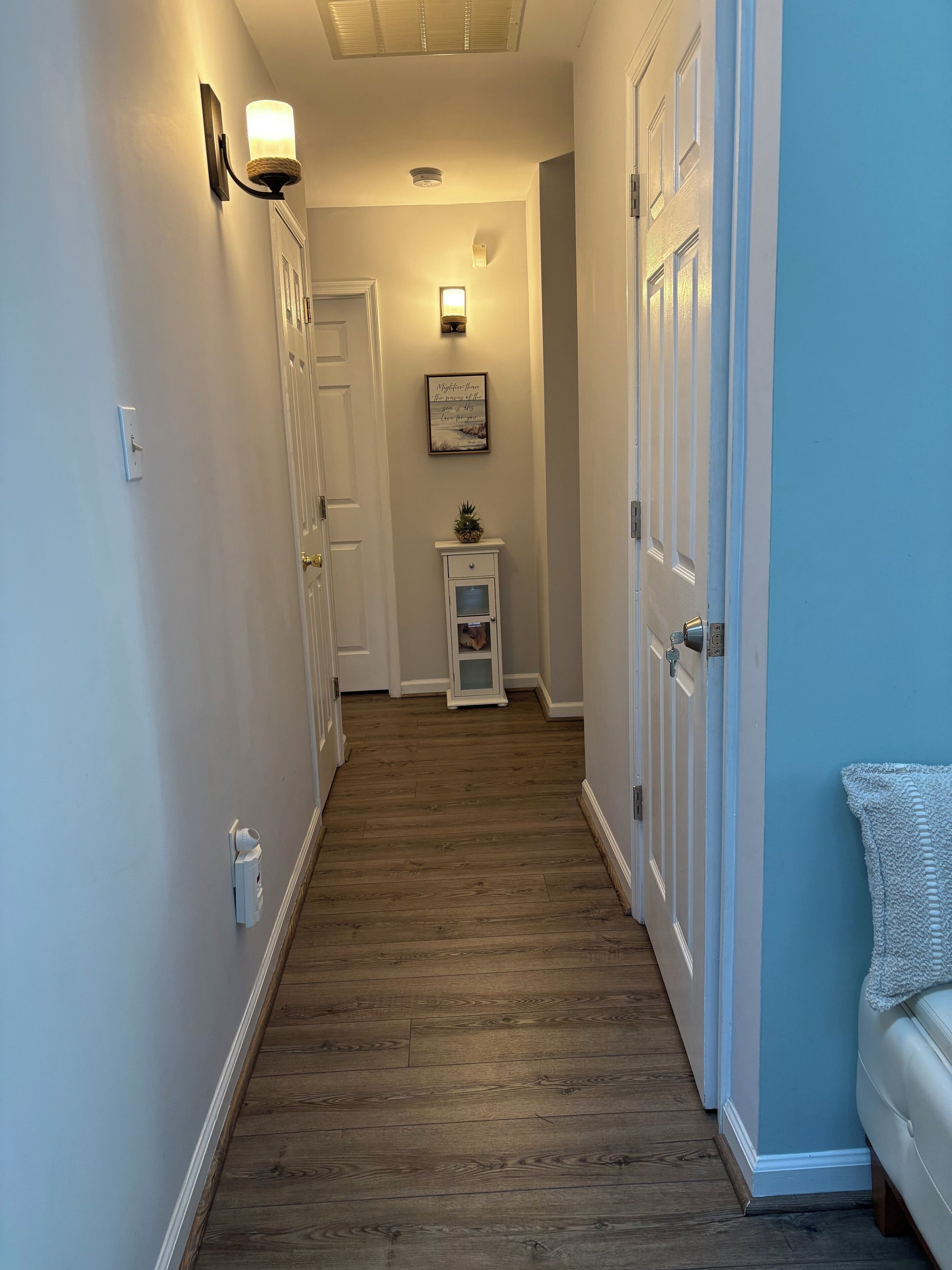 A hallway with wooden flooring, white walls, and a white door at the end.